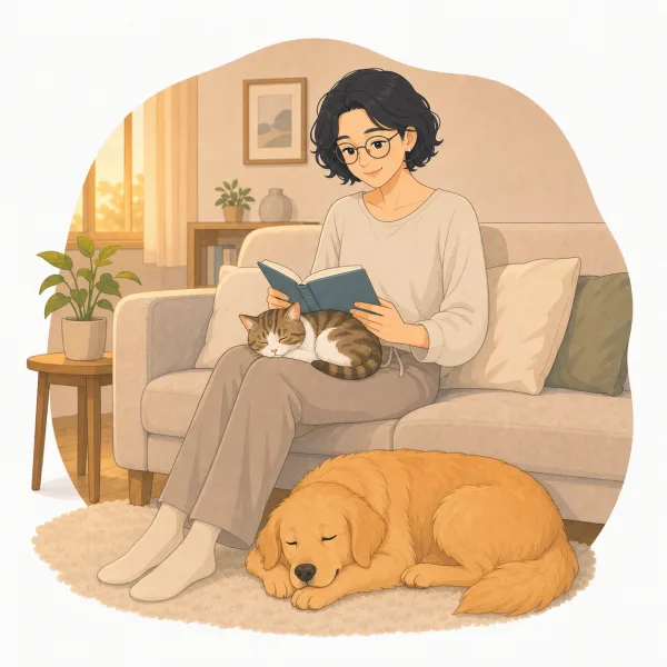 飼い主とペットの団らんイラスト