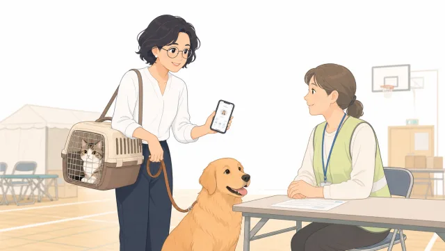 同行避難時にペット情報を共有するイラスト